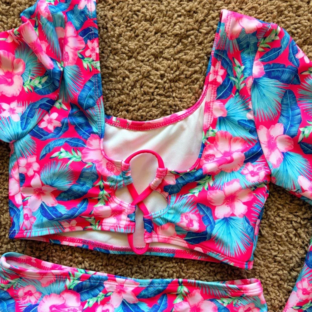 Art Class Pink Tropical Hawaiian Floral Rash Guard Bikini Bathing Suit 6/7 NWT